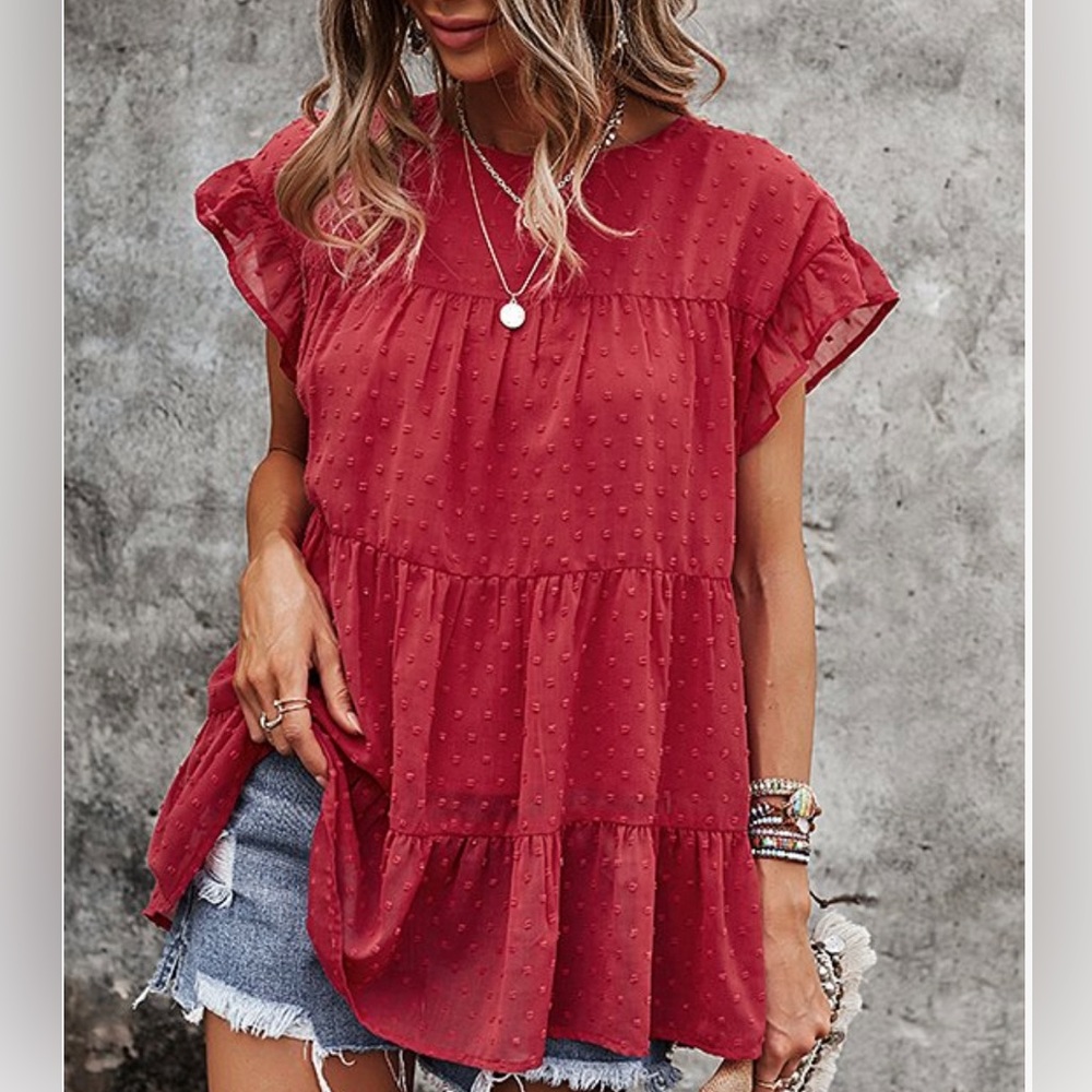 New! Gaovot Red Color Swiss Dot Tiered Flutter Sleeve Top XL (14)